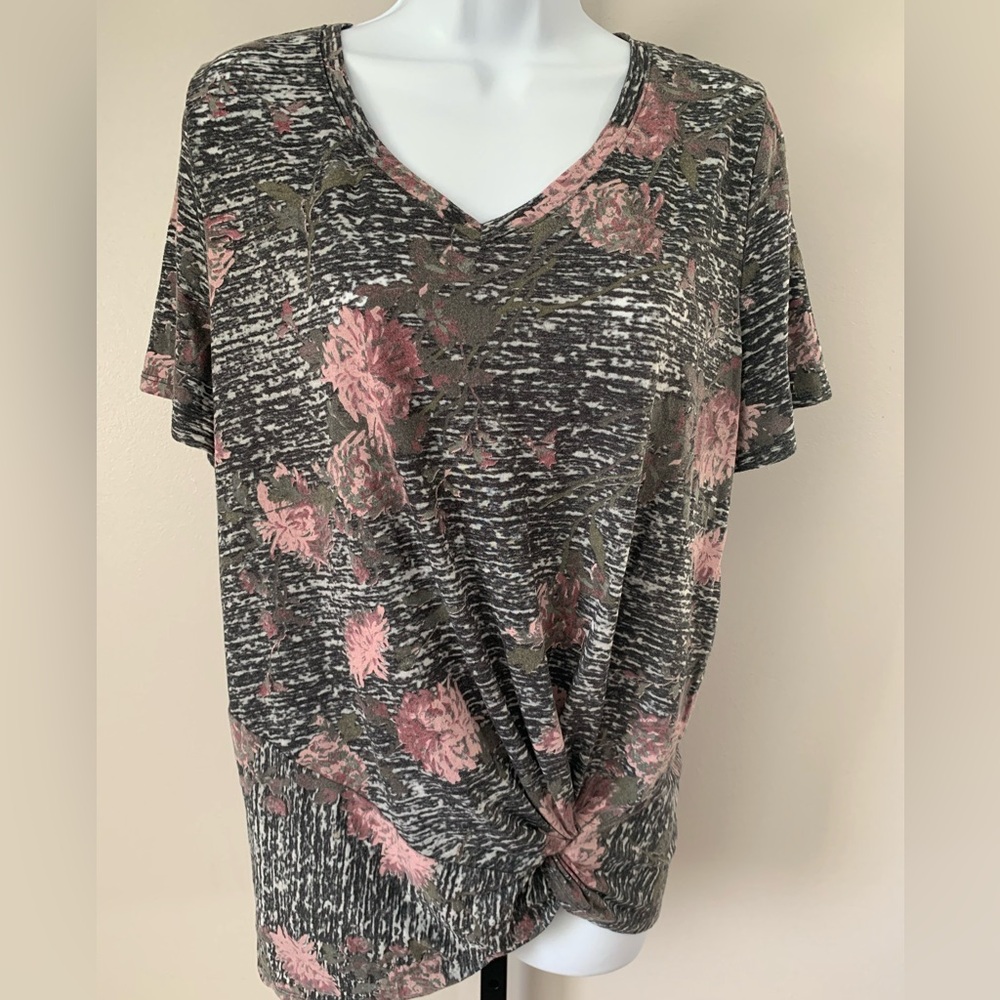Maurices Pink and Gray Relaxed Tie Front T-Shirt